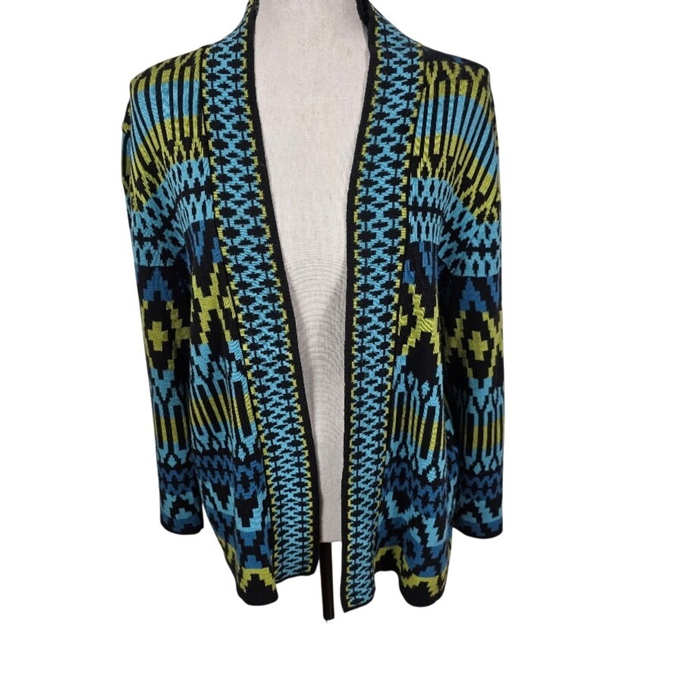 Ruby Rd Geometric Pattern Boho Cardigan Sweater Teal Blue Yellow Black Women's L